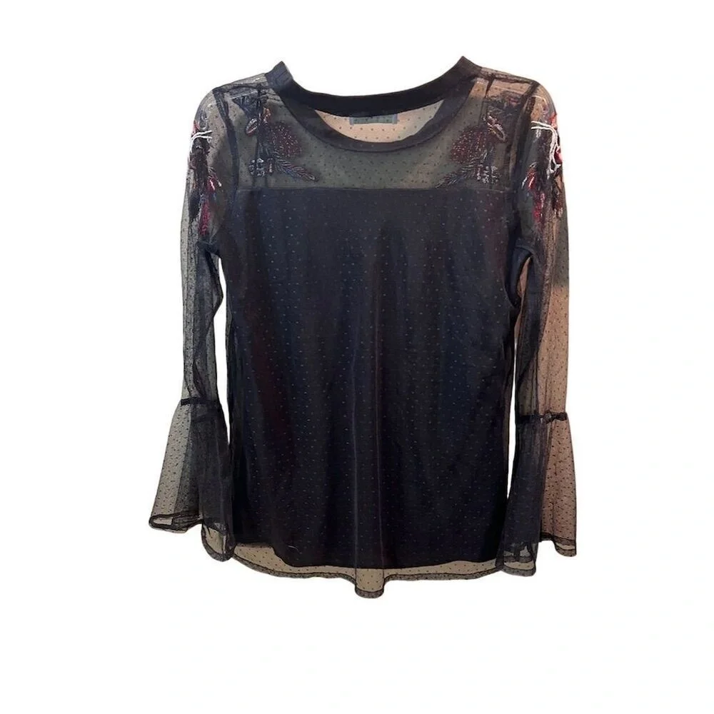 Paradiso Women's Floral Embroidered Mesh Top Black S Bell Sleeves - Picture 8 of 8